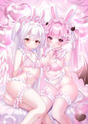 2girls angel_wings animal_ears ass balloon bare_shoulders blush bra breasts choker cleavage demon_girl demon_tail demon_wings fake_animal_ears fishnet_thighhighs fishnets frills garter_belt garter_straps hair_ornament headdress heart_balloon highres large_breasts long_hair looking_at_viewer multiple_girls navel original panties pink_bra pink_eyes pink_hair pink_panties pinkpink2025 rabbit_ears sitting small_breasts smile stomach tail thighhighs thighs tongue tongue_out underwear white_hair wings