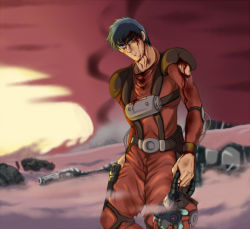 artist_request blood blue_hair bodysuit chirico_cuvie gas_mask unworn_headwear helmet unworn_helmet holstered injury male_focus mask solo soukou_kihei_votoms