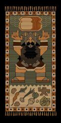 1boy absurdres beard bread carrot derivative_work dungeon_meshi dwarf facial_hair fake_horns food golem helmet hieroglyphics highres horned_helmet horns long_beard male_focus mattress mustache object_focus onion parody sanmarino016 screenshot_redraw senshi_(dungeon_meshi) solo thick_mustache very_long_beard