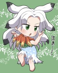 1girl :o barefoot blue_dress blush chibi chibi_only commentary_request dress full_body green_background green_eyes hands_up highres houjuu_chimi long_hair open_mouth rokugou_daisuke signature solo standing touhou translation_request v-shaped_eyebrows white_hair