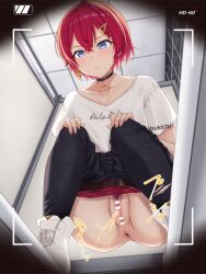 1girl ange_katrina ange_katrina_(5th_costume) anus bar_censor belt black_choker black_pants blue_eyes brown_belt censored choker closed_mouth clothes_pull hair_between_eyes hair_ornament highres mobukichi nijisanji panties pants pants_pull panty_pull pee peeing pubic_hair pussy red_hair red_panties shirt short_hair short_sleeves solo spread_legs squat_toilet squatting t-shirt toilet toilet_use triangle_hair_ornament underwear virtual_youtuber white_shirt