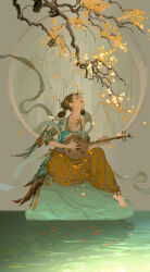 1girl bird_girl bird_tail branch chinese_clothes double_bun dunhuang_style earrings feathers flower full_body guitar hagoromo hair_bun hanfu harem_pants highres hoop_earrings ibuki_satsuki instrument instrument_request jewelry music on_rock original pants petals rock shawl singing sitting solo tail water yellow_flower