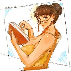 1girl ? black_hair blunt_bangs bon_drawr book breasts cleavage closed_mouth commentary glasses hair_bun highres holding holding_book looking_at_viewer nico_robin notice_lines one_piece profile red_nails signature sitting solo upper_body