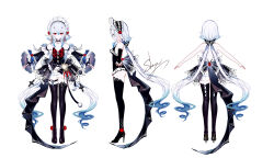 1girl artist_name backless_dress backless_outfit bare_shoulders black_dress black_thighhighs blue_hair bow reference_sheet commentary_request detached_sleeves dress from_behind from_side highres long_hair long_sleeves looking_at_viewer multiple_views original red_bow red_eyes sheya signature simple_background standing thighhighs very_long_hair white_background wide_sleeves
