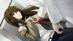 1boy 1girl arm_strap belt belt_buckle black_shorts breasts brown_hair brown_jacket brown_pants buckle buttons coat collared_shirt dutch_angle ears_visible_through_hair floating_neckwear game_cg hair_between_eyes highres huke indoors jacket jacket_partially_removed lab_coat long_hair looking_at_another makise_kurisu necktie non-web_source official_art okabe_rintarou open_mouth pants pantyhose pink_lips purple_eyes purple_trim red_necktie ringed_eyes shiny_lips shirt shorts shoulder_grab sleeves_past_wrists small_breasts solo_focus standing steins;gate surprised thick_thighs thighs tongue white_belt white_coat