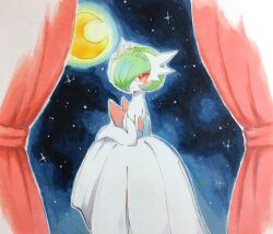 absurdres bob_cut colored_skin crescent_moon dress elbow_gloves gardevoir gen_3_pokemon gloves green_hair hair_over_one_eye highres looking_at_viewer mega_gardevoir mega_pokemon moon nintendo o_ne09 pink_eyes pokemon pokemon_(creature) smile tiara white_dress white_gloves white_skin