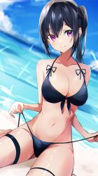 1girl absurdres bad_id bad_twitter_id bare_shoulders bikini black_bikini breasts cleavage front-tie_bikini_top front-tie_top halterneck highres kneeling large_breasts long_hair looking_at_viewer nanashinayuzu_mochi navel original ponytail purple_eyes side-tie_bikini_bottom solo string_bikini string_pull swimsuit thigh_strap undressing untied_bikini