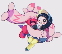 1girl blue_skirt blunt_bangs blush_stickers double_v eyelashes grey_background grin hug ippaiotabe_mkw nintendo one_eye_closed open_mouth pantyhose pokemon pokemon_(creature) pokemon_sv poppy_(pokemon) simple_background skirt smile tinkaton v yellow_pantyhose