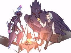 Rule 34 | 1boy, amethio (pokemon), berry (pokemon), boots, bright pupils, ceruledge, collared shirt, commentary request, copituji, corviknight, feeding, fire, gen 8 pokemon, hand up, holding, kettle, log, long sleeves, loose hair strand, male focus, nintendo, pants, pokemon, pokemon (anime), pokemon (creature), pokemon horizons, purple eyes, shirt, sitrus berry, sitting, vest