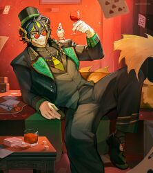 1boy alcohol animal animal_ears animal_on_shoulder arknights artist_name augoose_cong bird bird_on_shoulder black_footwear black_socks card commentary cup desk dice dragon_boy dragon_ears drinking_glass english_commentary fins fish_tail furry furry_male gloves hat highres holding holding_cup lee_(arknights) lee_(trust_your_eyes)_(arknights) male_focus multicolored_hair on_desk playing_card round_eyewear sitting smile socks tail top_hat whiskey white_gloves wine_glass yellow_eyes