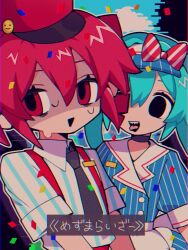2girls apron black_choker black_eyes black_necktie blue_dress blue_hair bow buttons choker cloud collared_dress collared_shirt confetti crazy crazy_eyes dress drill_hair hashtag-only_commentary hat hatsune_miku kasane_teto long_hair looking_at_another looking_at_viewer mesmerizer_(vocaloid) multiple_girls necktie neko_chenna open_mouth pinstripe_dress pinstripe_hat pinstripe_pattern pinstripe_skirt red_bow red_eyes red_hair red_hat red_trim sharp_teeth shirt skirt skirt_set sky smiley_hair_ornament striped_bow striped_clothes striped_shirt sweat synthesizer_v teeth tongue tongue_out triangle_mouth twin_drills twintails upper_body upper_teeth_only utau visor_cap vocaloid white_apron