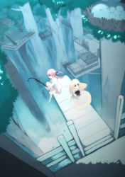 2girls bird blonde_hair fishing forest from_above hase_neet long_hair multiple_girls nature nest original pink_hair scenery tree twintails water
