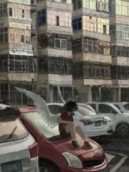 Rule 34 | absurdres, angel, angel wings, apartment, black hair, brown shoes, car, dusk, evening, halo, highres, iron bars, maomi jita, motor vehicle, red car, red shirt, shirt, shoes, short hair, white car, white wings, window, wings