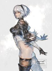 Rule 34 | 1girl, 2b (nier:automata), absurdres, arms behind back, black hairband, blue eyes, breasts, commentary, from side, hairband, highres, leotard, looking at viewer, medium breasts, moony (mogmogmelt), nier:automata, nier (series), short hair, skindentation, smile, solo, standing, watermark, white hair
