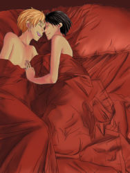 Rule 34 | 2boys, axis powers hetalia, bed, black hair, blonde hair, japan (hetalia), lying, male focus, multiple boys, short hair, smile, united kingdom (hetalia), yaoi