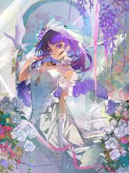 1girl 8201094317 absurdres alternate_costume bare_shoulders bird blunt_bangs braid breasts bridal_veil chinese_commentary cleavage closed_mouth dove dress flower genshin_impact gloves hair_flowing_over hair_ornament hand_up head_tilt highres large_breasts long_braid long_hair looking_at_viewer looking_to_the_side low-tied_long_hair off_shoulder outdoors pink_lips purple_eyes purple_hair raiden_shogun ribbon rose shade single_braid solo standing veil wedding_dress white_dress white_gloves white_ribbon white_veil wisteria wrist_cuffs