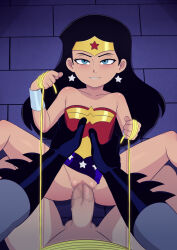 1boy age_difference aged_down artist_request batman black_hair blue_eyes bottomless censored clothed_sex clothing_aside dc_comics earrings flat_chest hetero highres jewelry justice_league lasso lasso_of_truth leotard leotard_aside loli looking_at_viewer lying morfinared on_back penis pov pov_crotch pov_hands sex solo_focus source_request spread_legs star_(symbol) star_earrings tagme vaginal waist_grab wonder_woman