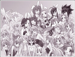 3boys 6+girls :q aged_down aged_up aisaka_sayo albert_chamomille animal_ears annotation_request anya_cocolova asakura_kazumi asymmetrical_hair ayase_yue bad_id bad_pixiv_id chachazero cocone_fatima_rosa crossdressing doll ermine evangeline_a.k._mcdowell evangeline_a.k._mcdowell_(adult) everyone fake_animal_ears hasegawa_chisame horns inugami_kotarou jack_rakan joints kagurazaka_asuna karakuri_chachamaru kasuga_misora kittysuit konoe_konoka leotard long_hair mahou_sensei_negima! male_playboy_bunny manly miyazaki_nodoka monochrome multiple_boys multiple_girls murakami_natsumi_(negima) negi_springfield nekane_springfield nontraditional_playboy_bunny open_mouth piyohiko playboy_bunny pointy_ears rabbit_ears robot_ears robot_joints sakura_mei sakurazaki_setsuna saotome_haruna takane_d_goodman theodora_(negima) tongue tongue_out tray v very_long_hair weasel
