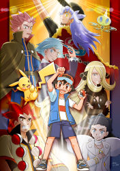 Rule 34 | 2girls, 5boys, alder (pokemon), artist name, ash ketchum, baseball cap, blue vest, cynthia (pokemon), dated, diantha (pokemon), drone rotom, fist pump, full body, gen 1 pokemon, gen 4 pokemon, hat, highres, holding, holding poke ball, lance (pokemon), leon (pokemon), multiple boys, multiple girls, nintendo, open mouth, pikachu, poke ball, pokemon, pokemon (anime), pokemon (creature), pokemon bw (anime), pokemon dppt (anime), pokemon journeys, pokemon rse (anime), pokemon sm (anime), pokemon xy (anime), red headwear, rotom, shirt, short hair, short shorts, shorts, smile, steven stone, teeth, upper body, upper teeth only, vest, white shirt