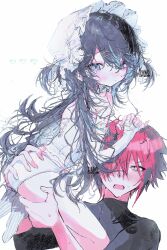 Rule 34 | 1boy, 1girl, absurdres, black hair, black shirt, blue eyes, blue hair, blush, carrying, carrying person, hair ornament, hair over one eye, hand on another&#039;s ass, hand on another&#039;s head, heart, hetero, highres, long hair, looking at viewer, multicolored hair, open mouth, original, panties, red hair, shibakure inuwo, shirt, short hair, simple background, socks, sweat, turtleneck, two side up, underwear, white background, white panties, x hair ornament
