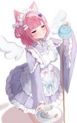 Rule 34 | 1girl, :3, absurdres, angel wings, animal ears, apron, bandaid, bandaid hair ornament, blue bow, blush, bow, braid, braided hair rings, breasts, cat ears, cat girl, cet (hajisirazunoko), choker, closed eyes, closed mouth, cup, detached wings, dress, fingernails, frilled apron, frills, ghost hair ornament, hair bow, hair ornament, hair rings, hairclip, heart, heart hair ornament, heart o-ring, highres, holding, holding kettle, holding plate, indie virtual youtuber, kettle, large breasts, long sleeves, maid, maid headdress, medium hair, nail polish, o-ring, o-ring choker, paw print, pink bow, pink hair, pink nails, plate, pouring, puff of air, purple dress, simple background, smile, solo, striped bow, sugar cube, thighs, virtual youtuber, white apron, white background, white choker, white wings, wide sleeves, wings, yuuki sakuna, yuuki sakuna (2nd costume)