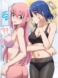 2girls ? ?? ahoge ass back banknote bare_shoulders black_bra black_panties black_pantyhose blue_eyes blue_hair blush bocchi_the_rock! bra breast_envy breasts closed_mouth coin collarbone commentary_request cube_hair_ornament embarrassed gotoh_hitori hair_between_eyes hair_ornament hand_on_own_cheek hand_on_own_face highres large_breasts long_hair looking_at_another looking_at_viewer mole mole_under_eye money multiple_girls navel one_side_up open_mouth panties panties_under_pantyhose pants pantyhose parted_lips pink_bra pink_hair pink_panties pink_pants red_eyes red_hair ryuhirohumi small_breasts spoken_question_mark sweat underwear underwear_only undressing yamada_ryo yellow_eyes