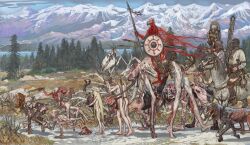 4girls 6+boys absurdres ass axe breasts chaos_(warhammer) chaos_undivided_(symbol) completely_nude day dog extra_legs helmet highres holding holding_helmet holding_polearm holding_shield holding_weapon horse horseback_riding jewelry monster mossacannibalis mountain multiple_boys multiple_girls mutation nature necklace nipples no_skin nude outdoors penis pine_tree polearm reins riding saddle scabbard sheath shield shoulder_tattoo small_breasts spear stirrups_(riding) sword tattoo tree warhammer_fantasy weapon
