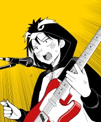 Rule 34 | 1girl, animal costume, animal hood, blush, commentary, cosplay, electric guitar, emphasis lines, fender telecaster, futsuu no keion-bu, guitar, hatono chihiro, highres, holding, holding guitar, holding instrument, holding plectrum, hood, hood up, instrument, kigurumi, microphone, microphone stand, music, official alternate costume, open mouth, penguin costume, penguin hood, plectrum, sasayamaojisan, singing, solo, sweat, upper body, v-shaped eyebrows, yellow background, zipper pull tab