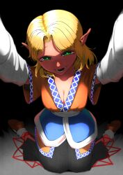 1girl absurdres arm_warmers black_background black_skirt blonde_hair breasts brown_shirt brown_shoes cleavage commentary_request full_body green_eyes highres kneeling looking_at_viewer lower_teeth_only medium_breasts mizuhashi_parsee open_mouth parted_bangs pointy_ears shirt shoes short_hair short_sleeves skirt smile socks solo teeth touhou white_socks yokozuna_iwashi