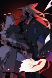 Rule 34 | 2girls, animal ears, arknights, belt, book, braid, coat, coat on shoulders, formal clothes, fox ears, fox girl, fox tail, from below, glowing, glowing eyes, grey hair, hands in pockets, highres, hl (iamawhitehippo), holding, holding book, judge, large ears, long hair, long sleeves, multiple girls, necktie, penance (arknights), red background, red necktie, shaded face, single braid, standing, suit, tail, vulpisfoglia (arknights), wolf ears, wolf girl, wolf tail