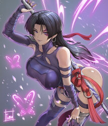 Rule 34 | 1girl, absurdres, ass, bent over, black hair, breasts, bug, butterfly, butterfly wings, covered erect nipples, cowboy shot, earrings, energy wings, facial tattoo, grey background, highres, holding, holding sword, holding weapon, hoop earrings, insect, insect wings, jewelry, large breasts, leotard, long hair, marvel, marvel rivals, psylocke, psylocke (vengeance), purple leotard, simple background, single bare shoulder, solo, sword, tattoo, tomo eokaiteru, weapon, wings