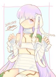 Rule 34 | 1girl, artist name, bandage over one eye, bandaged arm, bandages, breasts, claw pose, closed mouth, dot nose, fate/grand order, fate (series), highres, kingprotea (fate), long hair, looking at viewer, moss, odetooo, purple eyes, purple hair, solo, underboob, very long hair