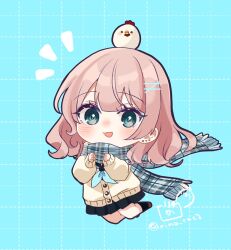 1girl :d animal animal_on_head bird black_skirt black_socks blue_background blue_eyes blue_neckerchief blue_scarf blush brown_cardigan brown_hair brown_shoes cardigan chibi chicken commentary_request dotted_line earrings fringe_trim full_body grid_background hair_ornament hairclip jewelry long_sleeves looking_at_viewer neckerchief notice_lines on_head open_mouth original plaid_clothes plaid_scarf pleated_skirt puffy_long_sleeves puffy_sleeves rino_cnc scarf school_uniform shoes skirt sleeves_past_wrists smile socks solo stud_earrings twitter_username