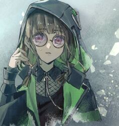 1girl aimai_mayday blunt_bangs brown_hair coat collared_shirt commentary fishnet_top fishnets glasses green_coat grey_background highres hood hood_up kachimachi_kosuzu link!_like!_love_live! looking_at_viewer love_live! low_twintails mizuno_(shuishui) official_alternate_costume open_clothes open_coat parted_lips pink_eyes round_eyewear shirt short_twintails sidelocks solo symbol-only_commentary twintails upper_body virtual_youtuber