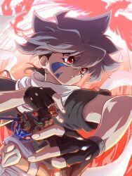 1boy bakuten_shoot_beyblade belt beyblade beyblade_(object) bird brown_belt cropped_jacket denim facial_mark fingerless_gloves gloves grey_hair highres hiwatari_kai jeans multicolored_hair pants phoenix red_eyes scarf spiked_knuckles tkoknmy0321 white_scarf