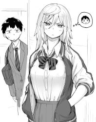 Rule 34 | 1boy, 1girl, :&lt;, ?, bag, blazer, blush, bow, bowtie, breasts, closed mouth, collared shirt, commentary, cowboy shot, delinquent, diagonal-striped clothes, diagonal-striped necktie, dress shirt, furi youko, greyscale, hands in pockets, head only, image in thought bubble, jacket, lapels, large breasts, long hair, looking at another, looking at viewer, monochrome, necktie, notched lapels, nujima, open clothes, open jacket, parted lips, pleated skirt, school bag, shirt, shirt tucked in, short hair, shoulder bag, skirt, sleeves pushed up, standing, striped clothes, sweatdrop, taira namito, thinking, tonari no furi-san ga tonikaku kowai., v-shaped eyebrows