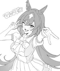 Rule 34 | 1girl, animal ears, arm up, bow, bowtie, breasts, double v, greyscale, hair between eyes, hand up, horse ears, long hair, looking at viewer, medium breasts, monochrome, one eye closed, open mouth, puffy short sleeves, puffy sleeves, reaching, reaching towards viewer, sailor collar, school uniform, shirt, short sleeves, sirius symboli (umamusume), skirt, smile, solo, tracen school uniform, umamusume, upper body, v, v over eye, zn242878163