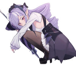 Rule 34 | 1girl, absurdres, ahoge, black hairband, black nails, black shoes, bonfe94, breasts, commentary, dress, drill hair, english commentary, expressionless, full body, hairband, high heels, highres, holding, holding umbrella, long hair, long sleeves, looking at viewer, mole, mole under eye, pointy ears, purple hair, red eyes, shoes, sideboob, simple background, solo, squatting, umbrella, vivian banshee, white background, zenless zone zero