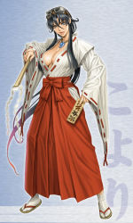 1girl atlus black_hair blue_eyes blue_hair bow breasts cleavage collar detached_sleeves female_focus goggles goggles_on_head gohei hair_bow hair_ornament hair_ribbon hakama hakama_skirt hand_on_own_hip hip_focus holding huge_breasts japanese_clothes jewelry kimono kimono_skirt large_breasts long_hair magatama matching_hair/eyes miko nail_polish necklace necktie no_bra official_art ofuda open_clothes open_shirt pointy_ears ponytail psikyo ribbon sandals sengoku_ace sengoku_ace_episode_ii sengoku_blade sengoku_cannon shirt simple_background skirt smile smirk socks solo spirit standing tabi tengai togashi_koyori tsukasa_jun very_long_hair weapon wide_sleeves