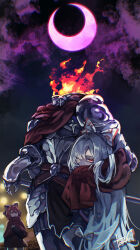 Rule 34 | 2girls, absurdres, armor, bow, cape, cloak, disembodied head, eclipse, fire, fujiwara no mokou, full armor, hair bow, headless, highres, holding own head, long hair, long sleeves, lunar eclipse, multiple girls, red cape, red cloak, red eyes, red hair, sekibanki, shirt, short hair, skirt, sword, tadano1129, touhou, weapon, white hair