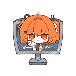 1girl a.i._voice adachi_rei chibi chibi_only closed_mouth hand_up headlamp highres jacket looking_at_viewer mei_(meiday_mise) monitor one_side_up open_clothes open_jacket orange_eyes orange_hair solo through_medium through_screen utau white_jacket