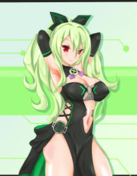 1girl dress female_focus green_hair hakozaki_chika highres long_hair looking_at_viewer neptune_(series) ponytail red_eyes smile solo thighhighs