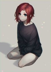 1girl 23i2ko :| bags_under_eyes between_legs black_shorts black_sweater blue_eyes closed_mouth full_body grey_background hand_between_legs highres looking_at_viewer original oversized_sweater red_hair seiza short_hair short_shorts shorts sidelocks simple_background sitting solo star_(symbol) sweater