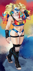 1girl abs alternate_costume black_lips blonde_hair blue_eyes boots breasts capcom crop_top crossover diepod facepaint female_focus highres knee_pads large_breasts lipstick makeup mask midriff multicolored_hair muscular muscular_female parody rainbow_hair rainbow_mika solo street_fighter toned twintails wwe