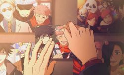 ^_^ animal arm_around_shoulder black_eyes black_hair black_jacket blindfold blonde_hair blue_shirt brown_hair brown_jacket closed_eyes closed_mouth collared_shirt covered_eyes facial_mark formal_clothes fushiguro_megumi gakuran gift glasses gojou_satoru grey_jacket grey_suit hair_between_eyes hair_over_one_eye head_wreath high_collar highres holding holding_gift hood hood_down hoodie inumaki_toge itadori_yuuji jacket jujutsu_kaisen kugisaki_nobara mask mouth_mask nanami_kento necktie open_mouth panda panda_(jujutsu_kaisen) pink_hair ponytail pov pov_hands red_hoodie round_eyewear school_uniform shirt sk_jkg7 smile spiked_hair suit sunglasses swept_bangs upper_body white_hair yoshino_junpei zen&#039;in_maki