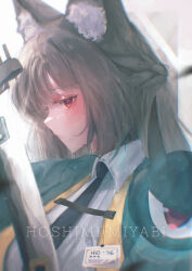 1girl absurdres animal_ear_fluff animal_ears black_hair black_necktie blue_jacket blush braid closed_mouth commentary english_commentary fox_ears fox_girl highres holding holding_sword holding_weapon hoshimi_miyabi id_card jacket katana long_hair looking_ahead necktie nningss red_eyes shirt sidelocks solo sword upper_body weapon white_shirt zenless_zone_zero