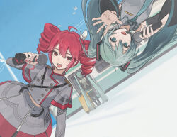 Rule 34 | 1girl, ahoge, aqua eyes, aqua hair, arm at side, black boots, black skirt, black sleeve cuffs, black sleeves, black thighhighs, blue necktie, blue sky, boots, bow, buttons, cable, clone, commentary, detached sleeves, dotr art, double-breasted, double-parted bangs, fingernails, flat chest, from behind, grey shirt, grey skirt, hair bow, hair ribbon, hatsune miku, highres, holding, holding microphone, kasane teto, kasane teto (sv), layered sleeves, long hair, long sleeves, microphone, midriff peek, musical staff, musical staff print, necktie, open mouth, pleated skirt, power lines, reaching, reaching towards viewer, red eyes, red nails, red skirt, red trim, ribbon, shirt, shoulder belt, shoulder boards, skirt, skirt set, sky, sleeveless, sleeveless shirt, solo, standing, striped clothes, striped skirt, synthesizer v, teeth, thigh boots, thighhighs, tongue, train, twintails, upside-down, utau, utility pole, very long hair, vocaloid, white bow, white ribbon