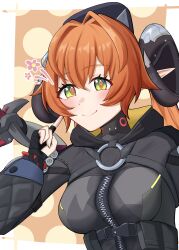 1girl absurdres black_jacket blush closed_mouth curled_horns cyborg fingerless_gloves gloves green_eyes hair_intakes hand_up hat highres horns index_finger_raised jacket long_hair long_sleeves looking_at_viewer mechanical_tail orange_hair orange_pupils orpheus_(zenless_zone_zero) pointy_ears smile solo tail tbbrian_1 upper_body zenless_zone_zero zipper