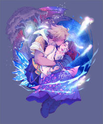 1boy 1girl beads blonde_hair brown_hair closed_eyes commentary couple crystal detached_sleeves english_commentary final_fantasy final_fantasy_x forest hair_beads hair_ornament hakama hakama_skirt highres holding_hands hug hug_from_behind japanese_clothes keju_doodlez kiss kissing_cheek nature pyrefly signature skirt smile tidus water yuna_(ff10)