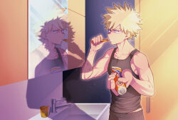 Rule 34 | 1boy, bakugou katsuki, basin, black pants, black tank top, blonde hair, boku no hero academia, highres, looking at viewer, male focus, mirror, muscular, muscular male, pants, pectoral cleavage, pectorals, red eyes, shii (pixiv id 53468693), short hair, solo, spiked hair, tank top, toothbrush, toothbrush in mouth, toothpaste